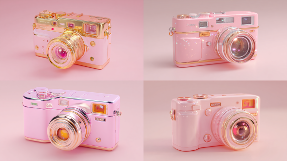 3d现实主义，可爱的多巴胺风格，可爱的粉色照相机，丸尾须弘，粉红色和琥珀色，韩流，明亮，高光，超级细节，2.5d，全景，淡粉色干净的背景，精细的光泽，3d渲染，c4d，blender，最佳质量，完美的细节
