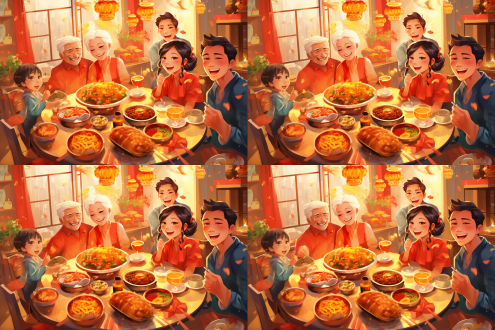 年夜饭漫画，明亮的色彩，温馨的氛围，大家围坐在一张圆桌前，满桌丰盛的美食，笑容满面，快门速度适中，细节清晰，气氛温暖浪漫，具有灯光的质感，营造出浓厚的春节氛围