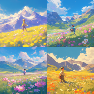 小男孩漫步山谷花海，远景高山蓝天，暖色调，超广角镜头，自然光，画面清新，人物悠闲，低饱和度，远景构图。