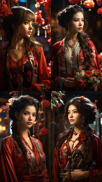 chinese style red ancient costume, red embroidered cape with floral patterns and pearl embellishments on the shoulders of women wearing hair ornaments in their hands, side profile photography, high-definition details, high resolution. bright light, ambient light, smile, lively beauty, internet red face, white, warm colors, bright light effect
