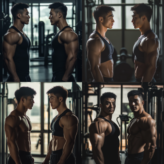 两中国肌肉帅哥健身房对角站位，黑背心显壮肌，背景器械，窗透柔光，高饱和暖调，对角线布局，广角镜，侧光，凸显阳刚。