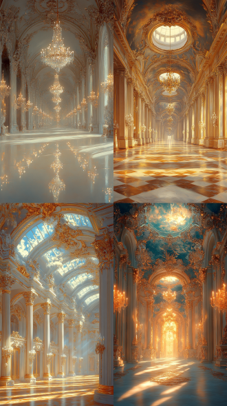 grand baroque banquet hall with marble columns, velvet drapes, crystal chandeliers casting golden light, oil painting texture