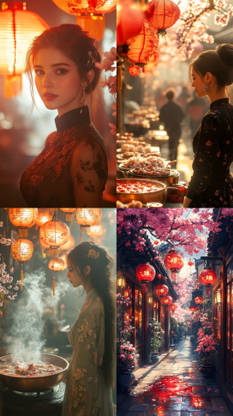 红灯笼中式庭院，樱花枝，镂空窗格透出暖光 铜锅红油沸腾，漂浮辣椒花椒 和牛/虾/金针菇摆成莲花造型 穿旗袍的现代女性，牡丹发簪，柔光