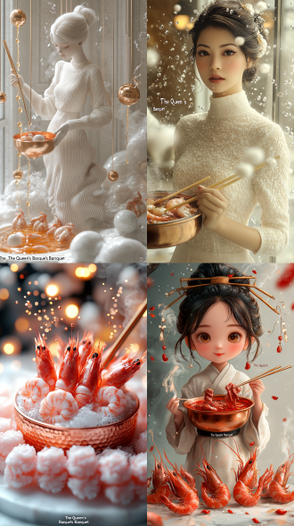超现实主义极简主义海报，上面有一个漂浮的铜火锅，上面有悬浮的辣椒油滴，周围是几何排列的大理石牛肉片和大虾。一位穿着象牙针织品的斯堪的纳维亚风格女神手持金色筷子，她的铂金头发装饰着珍珠色调，背景是白色大理石，柔和的金色灯光。动态辣椒油飞溅产生钻石形的反射，结合3d玫瑰金排版“女王的盛宴”与蒸汽效果，以8k细节渲染，并带有电影般的阴影