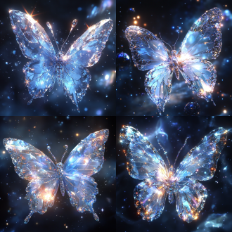 image style: surreal dream aesthetics, high-detail cg rendering, close-up shot, color scheme: iridescent cobalt gradients with pearlescent highlights, photographic technique: macro photography with dynamic chiaroscuro lighting, main subject description: geometrically precise crystal butterfly with diamond-faceted exoskeleton, action description: perfectly suspended in zero-gravity stillness, expression description: non-anthropomorphic celestial aura, atmosphere description: enigmatic nebula romance with quantum shimmer, picture effect: 4k holographic stardust dispersion, picture details: fractal-patterned wing venation exhibiting chromatic aberration and sub-surface scattering, lighting description: cinematic volumetric god rays interacting with refractive surfaces, background description: multidimensional cosmic void containing pulsating quasars and gravitational lensing effects
