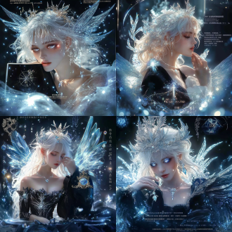 图片风格：梦幻唯美，奇幻风格，精致细腻，fantasy, ethereal beauty, whimsical style, hyper-detailed 景别描述：全身特写，主体突出，full-body close-up, centered composition, dominant focal point 画面色彩：冷色调，蓝白银渐变，光影层次，cool color palette: azure, ivory, silver gradients, chiaroscuro lighting 摄影手法：柔焦镜头，动态光线渲染，景深分层，soft-focus lens, cinematic ray tracing, bokeh stacking 非常详细的主体描述：发光天使，冰晶白发，暗夜礼服，鎏金典籍，悬浮棱镜，celestial being, crystallized platinum hair, liquid-black tuxedo, gilded grimoire, levitating geodesic crystals 动作描述：前倾悬浮，裙摆流体动态，levitating forward momentum, silk-draped fluid dynamics 表情描述：虹膜星芒，微启双唇，瞳孔光痕，starburst irises, parted lips with light seepage, luminescent eye trails 氛围描述：量子星尘，时空涟漪，能量脉动，quantum stardust, spacetime ripples, aurora plasma waves 画面效果：分形光斑，物质解构特效，超现实折射，fractal bokeh, molecular disintegration fx, surreal light diffraction 画面细节：发丝光子流，礼服暗纹微光，晶体内生宇宙，photon-threaded hair, bioluminescent embroidery, cosmic microgalaxies within crystals 光线描述：环形频闪光，逆向体积光，发光粒子轨迹，annular strobe lighting, inverse volumetric rays, biophotonic particle trails 背景描述：暗物质星云，弦理论光网，多维空间裂缝，dark matter nebula, string theory lightweb, multidimensional spatial fractures
