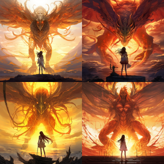 女神站在巨大怪物上，怪物比飞机大，女神身材曲线优美，五官精致，细节丰富，高画质，日式动漫画风，广角镜头，高分辨率，侧光，动态模糊，紧张氛围，暖色调，细腻表情。