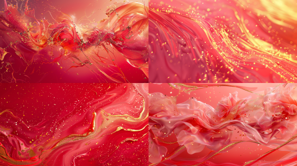 红色流动流体，自然流动，红色背景，粉红色和金黄色线条点缀，高清16k，美观，顺畅