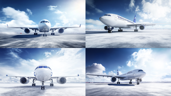 飞机头侧面视角，金属质感，流线型设计，蓝天背景，广角镜头，高光细节，侧光，高速快门，科技感，冷色调，震撼。