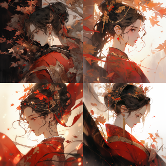 国漫风，中国女子半身像，暗红色宋代华服，红金相间，黑色精致发髻，侧颜，表情淡然，文化韵味，背景水墨色落叶，高分辨率，细腻纹理，柔和光线，古典美学，静态，深色调，传统元素。