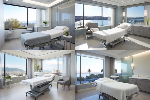 现代感康复治疗室，俯视全景，无窗，治疗床，浅灰墙面，灰色石材纹地砖，简洁现代风格，冷色调，广角镜头，清晰细节，均匀照明，科技感，宁静氛围。