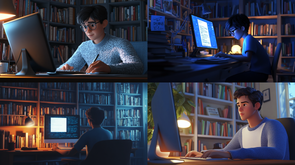 学生学习，电脑前，书柜背景，3d模型，blender渲染，室内，静态，柔和光线，动态线条，蓝色白色，迪士尼风格，专注表情，舒适座椅，高分辨率，细节丰富，创意构图。