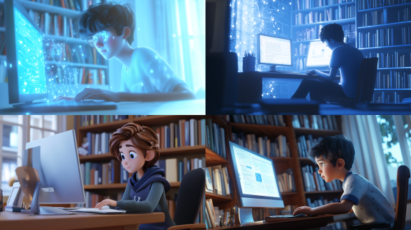 学生电脑学习，书柜背景，3d模型，blender渲染，室内环境，静态动作，柔和光线，动态线条，蓝色白色调，迪士尼风格，浅色背景，专注表情，舒适姿势，知识氛围，创意元素。