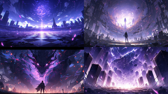 海贼王风格景色，镜子世界，紫色格纹地面，对角线构图，高饱和度，战斗场景，长焦镜头，动作凌厉，紧张，暗色调，复仇情绪，紫色调，电影氛围