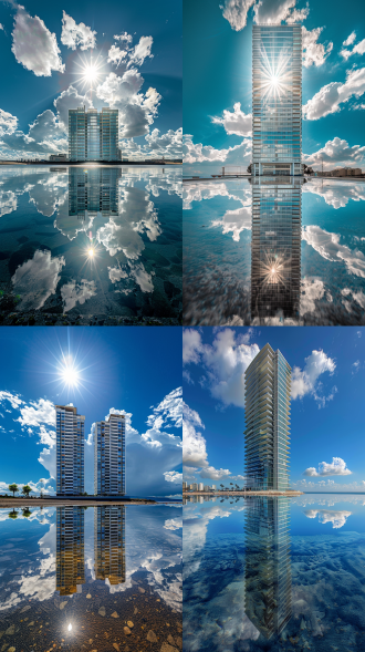 海边现代高楼，中央对称构图，倒影清晰，蓝天白云，阳光明媚，广角镜头，自然光，高动态范围，宁静，现代感，海天一色。