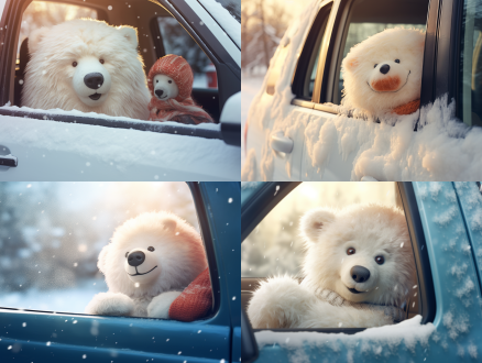 下雪天车窗外雪人趴毛绒熊旁微笑，车内司机第一视角近拍，特写，暖冷色调对比，柔和顶光，温馨，适合头像。