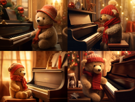 一个玩具熊带着红色的围巾，棕色的帽，室内，被放在钢琴上，以暖色调为主，有温馨的氛围感