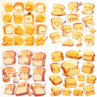 面包拟人拿玩具，多种表情，火柴人可爱风格，动态姿势，白色背景，大胆线条，f/36小组，粉笔，250风格，快乐生气等情绪。