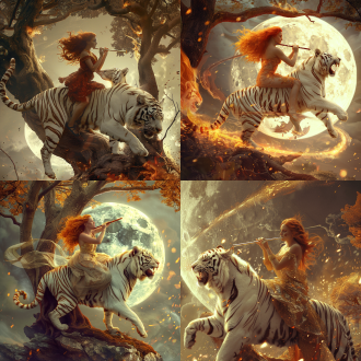 古树下美女骑白虎吹笛，天空巨月，白虎踩火光仰天嘶吼，白虎眼冒金光，美女白肤红发，中心构图，古风，暖色调，长焦镜头，逆光，宁静。