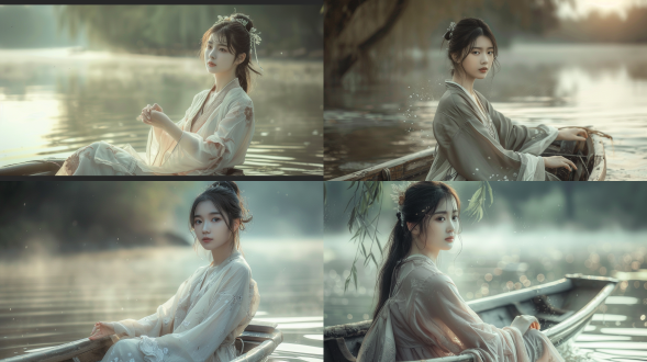 女孩侧坐船头拨江水，宋代汉服，五官立体肤白，半身照，雾气江边，三分法构图，柔焦，侧逆光，暖色调，优雅闲适。
