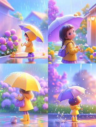 下雨天小女孩打伞，三分法构图，写实风，街道上，冷色调，长焦镜头，顶光，漫步，安静，忧郁。