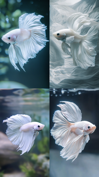 白色的斗鱼，糖果色斑纹，鱼缸内，近摄，细节逼真，特写镜头，水波纹，柔和光线，冷色调，宁静，优雅。