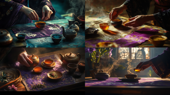 制茶大师，手工揉茶，紫砂茶具，琥珀色茶汤，绸缎，宣纸，书法，天鹅绒，翡翠，饱和构图，柔软的光，气氛照明