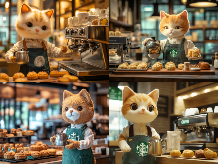 布偶猫咖啡师，星巴克店内，全身照，温馨场景，布偶猫身穿咖啡师围裙，手持咖啡壶，表情专注，五颜六色的月饼摆放一旁，咖啡拉花细腻，店内装饰现代，柔和光线，广角镜头，暖色调，细节丰富，和谐氛围。