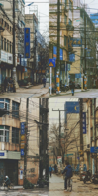 2000年代街道，中式旧核，怀旧，复古风格，街道布局，中式建筑，旧式招牌，行人，自行车，暖色调，广角镜头，柔和光线，慢快门，回忆，宁静。