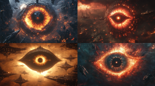 恐惧之眼，战锤40k风格，中央巨大邪眼，周边星际战舰环绕，暗色调，科幻场景，逆光，远景，震撼，惊悚，细节丰富，超高清， 4k。