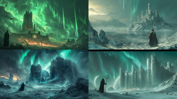 a star god's temple on a distant planet, with the star god holding a ceremonial axe adorned with cosmic symbols, cold northern lights in greenish - blue hues above, the temple's detailed architecture contrasting with the planet's vast landscapes, hyper - detailed, 8k resolution, trending on artstation