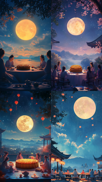 桌子上摆了一个大月饼，众人围坐在周围，天上挂了一个月亮