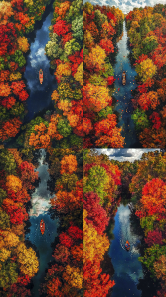 深秋，一搜小船在森林中的小河道上航行。河水泛起涟漪，倒映着蓝天白云。森林里树叶茂盛，有红色，橙色、黄色，绿色。油画风，色彩鲜明，白天，阳光明媚，俯视，广角，竖版9:16。 油画