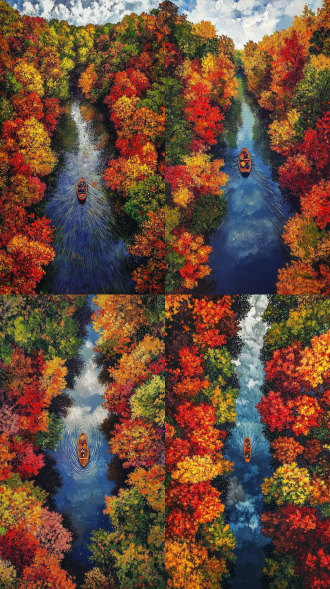 深秋，一搜小船在森林中的小河道上航行。河水泛起涟漪，倒映着蓝天白云。森林里树叶茂盛，有红色，橙色、黄色，绿色。油画风，色彩鲜明，白天，阳光明媚，俯视，广角，竖版9:16。 油画 油画 点彩派