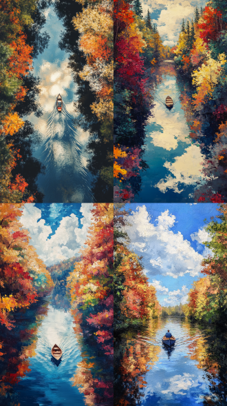 深秋，一搜小船在森林中的小河道上航行。河水泛起涟漪，倒映着蓝天白云。森林里树叶茂盛，有红色，橙色、黄色，绿色。油画风，色彩鲜明，白天，阳光明媚，俯视，广角，竖版9:16。 油画