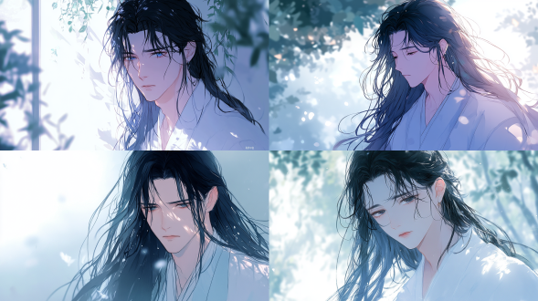 仙侠，沐浴在光中，现实主义动漫艺术风格，悲伤的男人，长长的风吹黑发，抽搐着，微弱的光芒，穿着长长的流畅的衣服，穿着白色的长袍