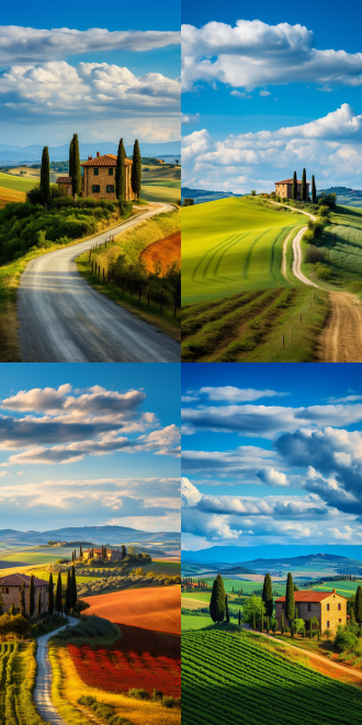 托斯卡纳风景，丝柏路，农庄，田园，蓝天白云，宽阔视野，自然光，长焦镜头，柔和色彩，宁静，和谐。