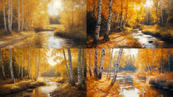 油画风格，秋日阳光，白桦树林，农场风光，小溪，光影交错，自然光线，柔和色调，长焦镜头，细节丰富，宁静氛围，油画笔触，金黄落叶，树影斑驳，溪水潺潺，田园诗意，温暖光晕，细腻纹理，静谧美感。