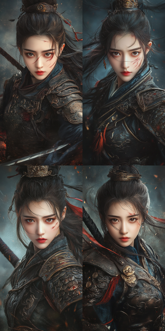 中国古代女侠，史诗级武侠奇幻风格，全景构图，全身像，精致古典美人脸型，柳叶眉杏眼，高鼻梁，唇色苍白，面部受伤，坚毅决绝的眼神，凌乱发丝拂面，战斗中的微表情捕捉，发型高束马尾动态飘扬，乌黑发丝间缠绕暗红发带，皮质鱼鳞甲，金属甲片缝制工艺特写，缝线肌理清晰可见，鎏金云纹护肩，青铜护心镜，雕花金属护腕，磨损皮制束腰，飘带靛青色半透明纱质飘带，头顶2条，腰间3条，呈流体动态，动作为单腿腾空劈剑，动态捕捉，动态生动富有张力，背景华丽，超高清16k动态运动模糊，胶片颗粒质感，暗黑武侠色调，景深层次分明，