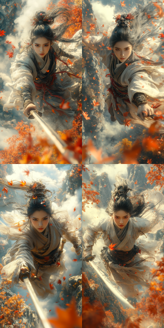 中国风女战士腾空劈剑触发枫叶冲击波，九尾凤冠、朱雀战袍，悬崖云海虹光，鱼眼透视，超精细纹理，redshift渲染，紧张动感，21:9