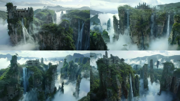 a ruined temple on the peak of mist-covered mountains, ancient pines clinging to cliffs, waterfalls cascading through jagged rocks, swirling clouds below, in the style of chinese ink painting with cinematic lighting, epic wide shot, monochromatic cyan tones, hyper-detailed textures