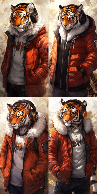 拟人老虎，耳机，卫衣，街头风格，写实毛发飘逸，金色，金色华丽背景，科幻，high-definition quality, fine textures, and soft lighting are indispensable elements, and these must be presented perfectly.