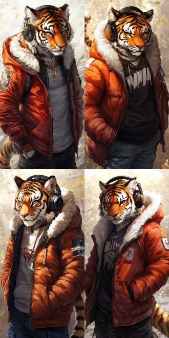 拟人老虎，耳机，卫衣，街头风格，写实毛发飘逸，金色，金色华丽背景，科幻，high-definition quality, fine textures, and soft lighting are indispensable elements, and these must be presented perfectly.