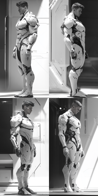 男性，短发，长刘海，帅气，胡茬，科幻机甲风，白色调，白色科幻战甲，半透明皮肤，身材修长，半机械版生命体，简单科幻背景，软光，冷色调，中景全身，正视视角，科技光，三分线构图，塞博彭克风，大师级画质，壁纸级画面，8k，细节细腻，超现实主义