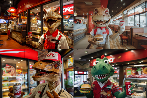 拟人化恐龙，肯德基店内，恐龙身穿肯德基员工制服，左手拿汉堡，右手拿可乐，微笑表情，店内装饰，温馨氛围。广角镜头，自然光，快门优先，色彩鲜艳，欢乐，亲切。