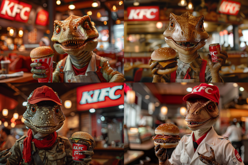 拟人化恐龙，肯德基餐厅，恐龙身穿肯德基员工制服，左手持汉堡，右手拿可乐，微笑表情，餐厅背景，明亮灯光，广角镜头，高饱和色彩，温馨氛围，快乐情绪。