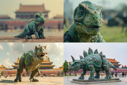 拟人化恐龙，天安门广场，悠闲散步，宽阔场景，自然光，柔和色调，长焦镜头，平静表情，绿色皮肤，细节丰富，和谐氛围。