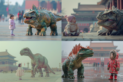 拟人化恐龙与小女孩，天安门广场，温馨场景，柔和光线，广角镜头，自然光，慢速快门，和谐，绿色与粉色，欢乐。