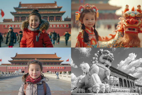 中国龙，中国小女孩，10岁，在天安门广场，散步，