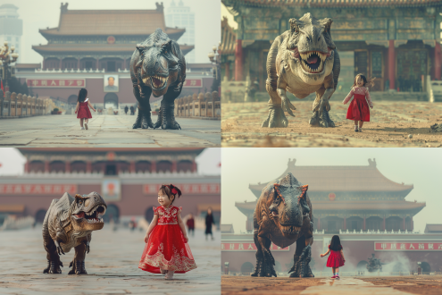 小霸王龙与中国小女孩在天安门广场散步，温馨场景，和谐共处，小女孩身穿红色连衣裙，面带微笑，霸王龙温顺跟随，广场背景，宽阔视野，自然光，柔和色调，中长焦镜头，平静步伐，友好互动。